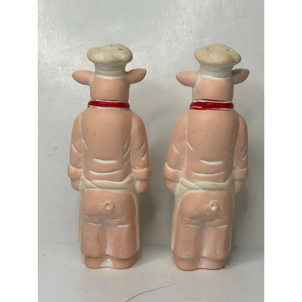 Vintage Chalkware French Chef Pig Salt Pepper Shakers Kitchen Decor